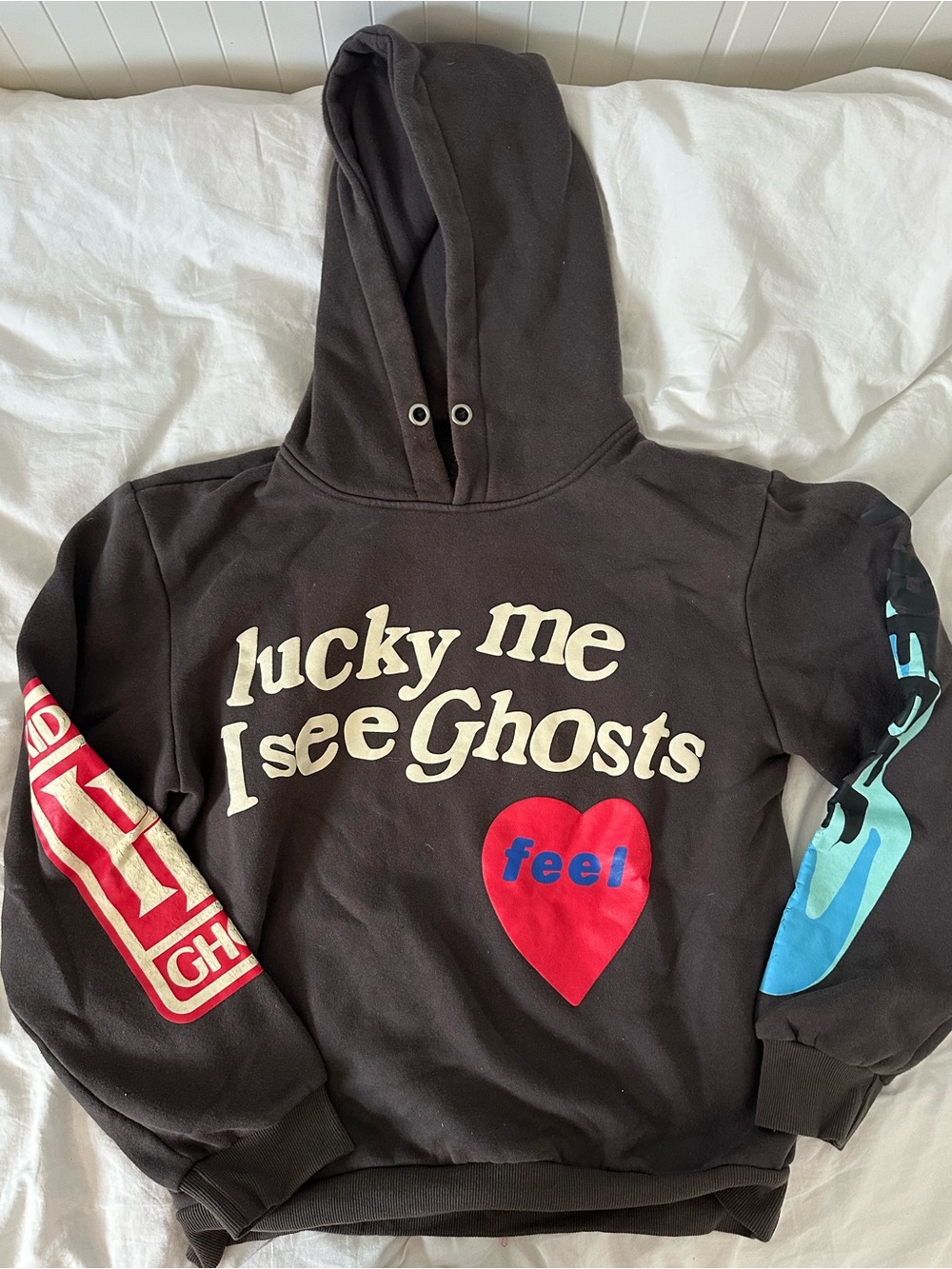 Lucky Me I See Ghosts Graphic Hoodie - Black with Red & Blue Accents